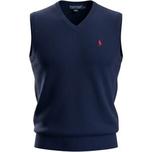 POLO GOLF RALPH LAUREN Sweater Vest Mens Medium Navy Blue‎ V-Neck Red Pony